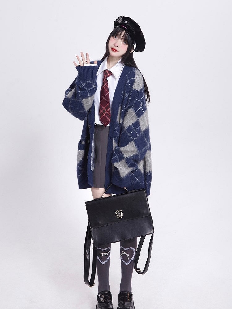 Fall Brushed Diamond Cardigan Version Blue V-Neck Mink Knit Pattern Retro /Faux