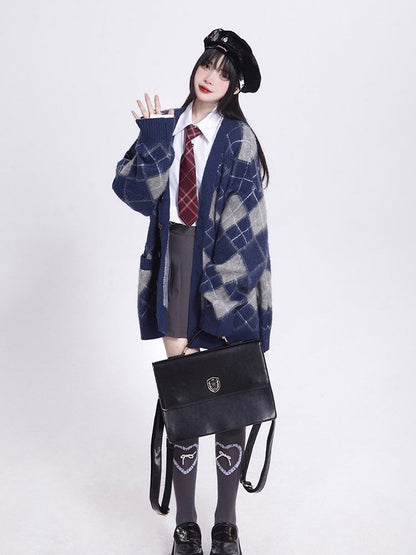 Fall Brushed Diamond Cardigan Version Blue V-Neck Mink Knit Pattern Retro /Faux