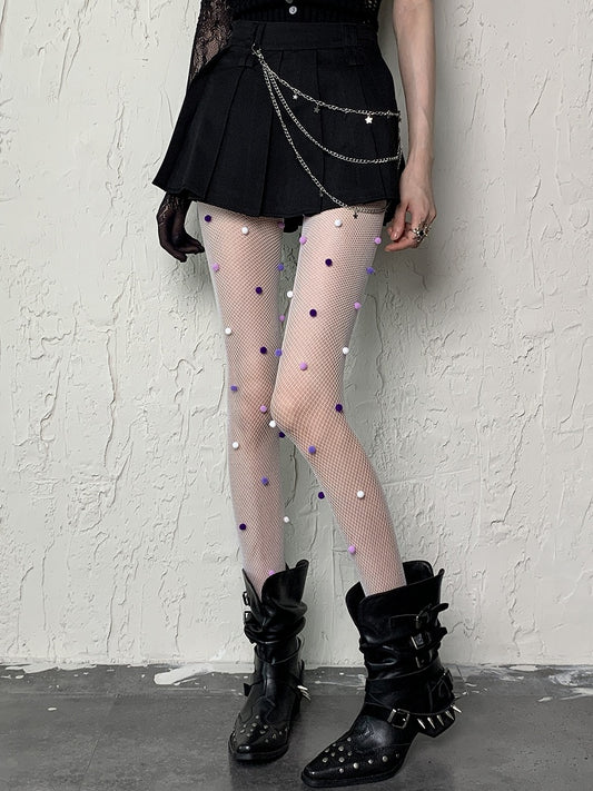 With Purple Pompons Fishnet Tights Design White Pink Y2K Hollow-out