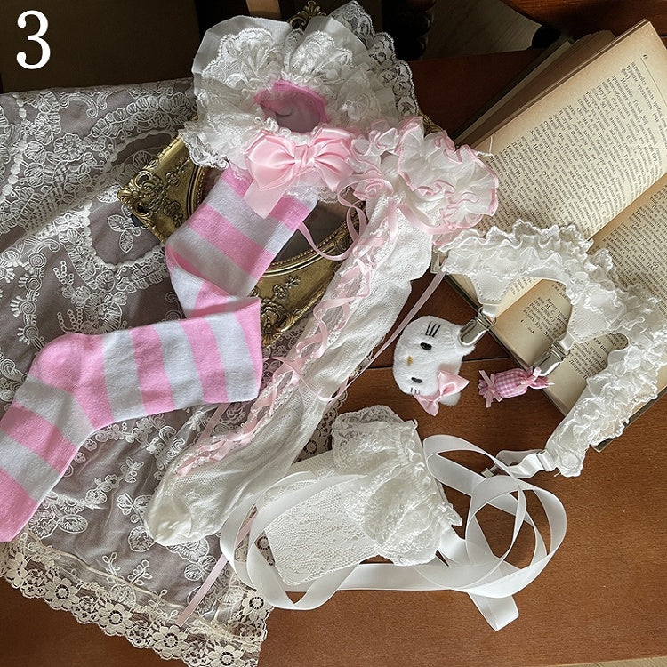 Stockings/Pink Pink Straps Stockings/White Overknee Self-tie Socks/Leg Underknee White Striped Lace Ruffle Loop