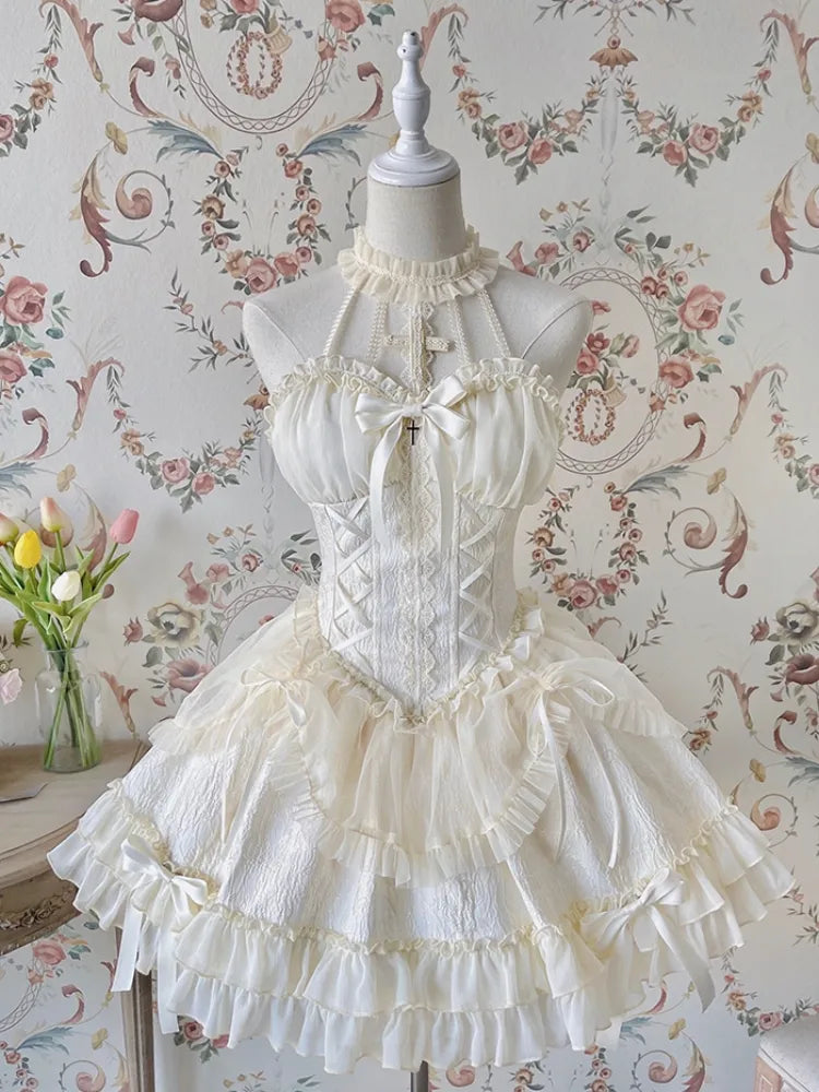 Cross Belle Elfenbein Neckholder Korsett Kleid Balletcore Prinzessin Lolita JSK