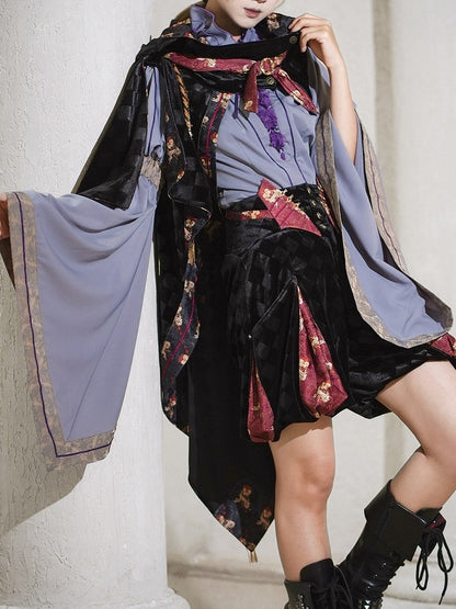 Black & Red Checked Pattern Lolita Cape with Embroidered Details - Neoludwig