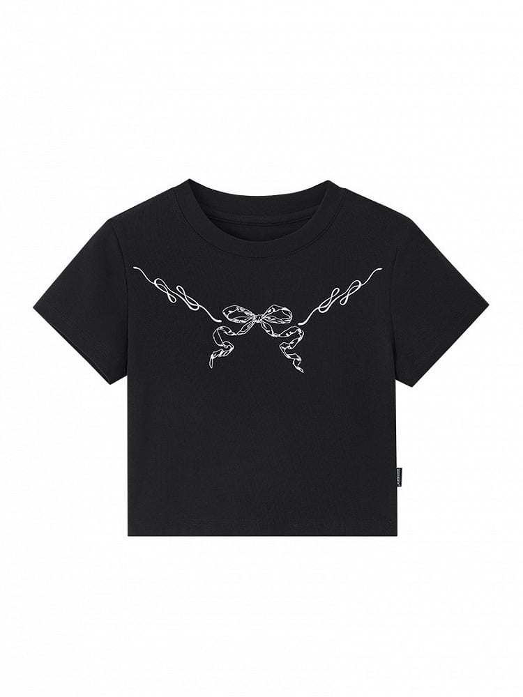 with Cutout Print Black T-Shirt Cropped Trim Bow Punk Lace White Back