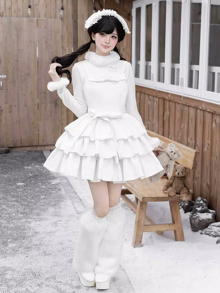 Dress with Lolita Shoulder Winter Ruffle Hem Tiered Adjustable White Straps All