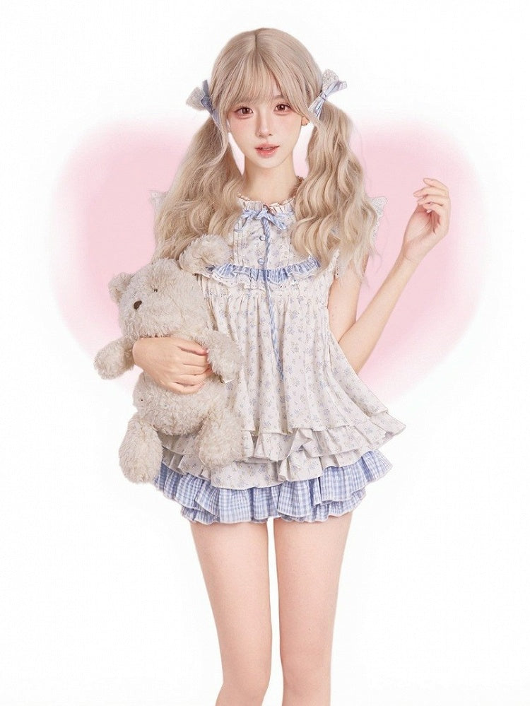 Blue and White Floral Print Top with Ruffle and Lace Details - serendipity