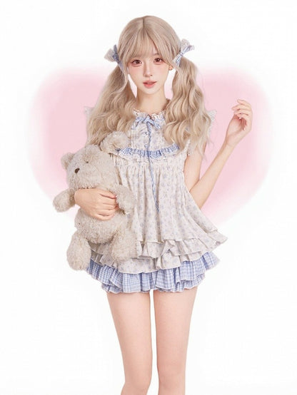 Blue and White Floral Print Top with Ruffle and Lace Details - serendipity