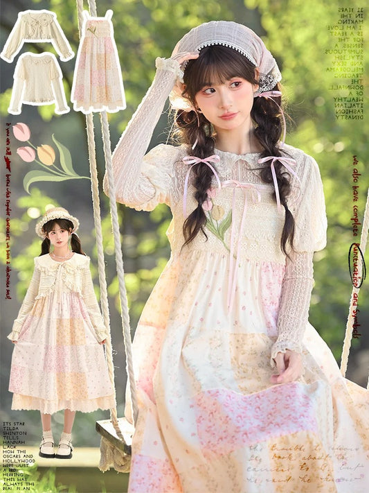 Mori Kei Beige & Pink Tulip Floral Patchwork Summer Dress