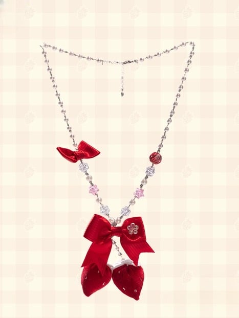 Lolita Necklace with Beaded Chain Strawberry Pink/Red/Blue Pendant