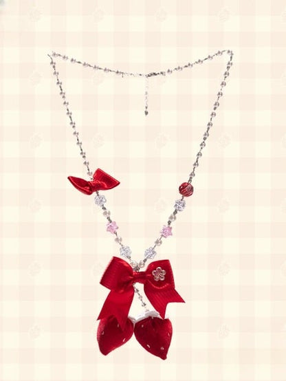 Lolita Necklace with Beaded Chain Strawberry Pink/Red/Blue Pendant