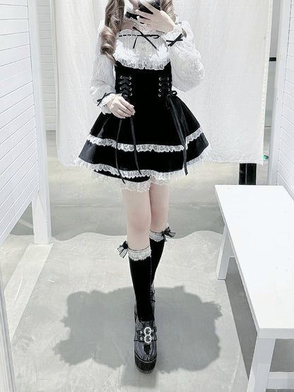Choker Jirai Design Trim Long Dress Lace + With Set Black Matching Shorts White Kei Bead Sleeve Chain