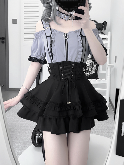 Tiered Skirt Black and Jirai Kei Heart Buckles Lace-up Front Back