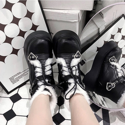 Lace-Up Platform Black Design Buckle Heart Lined PU Boots Plush with - Punk