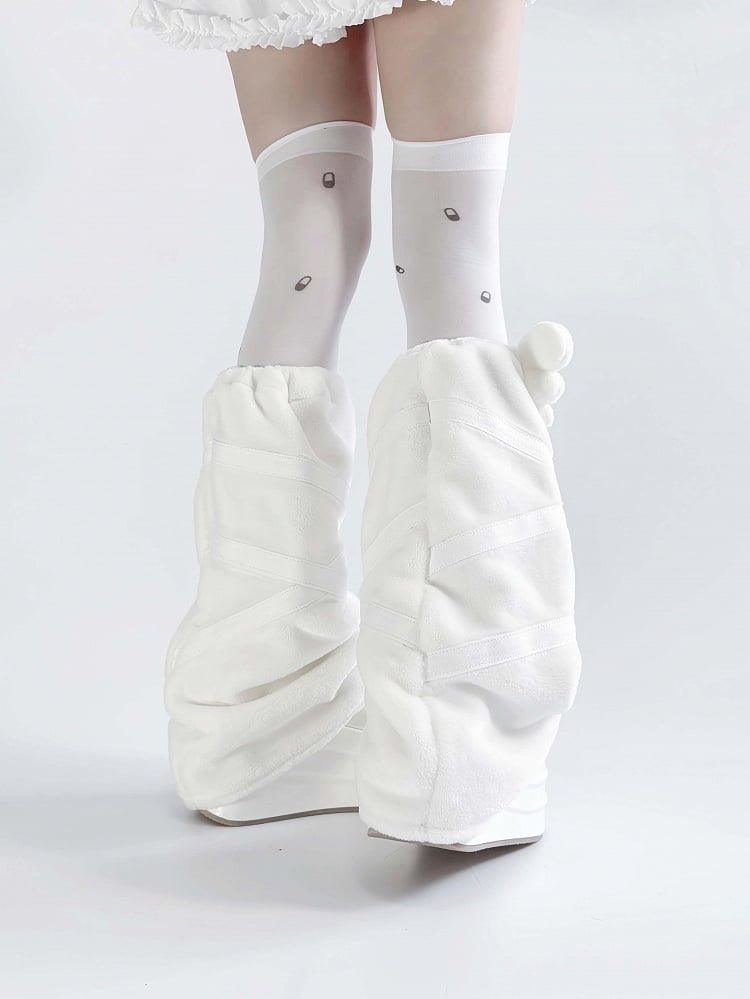 ケイ アップリケ エンジェル ジライ カワイイ ホワイト ヤミ フランネル レッグウォーマー 羽根デザイン クロス