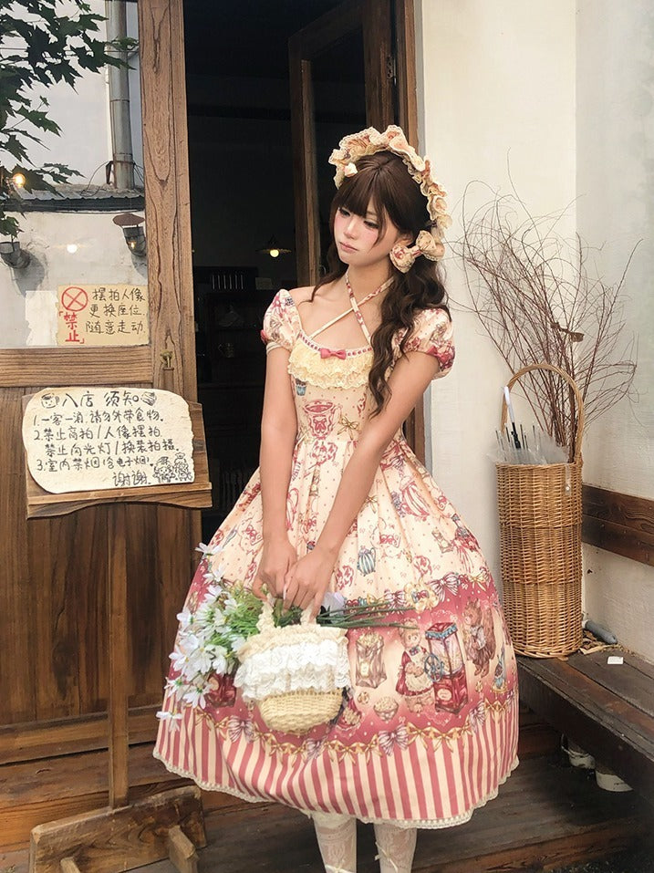 Beige Short Sleeve Halter Lolita OP Dress with Popcorn Bear Theme & High Waist, Long/Short Version - Sweet Dream