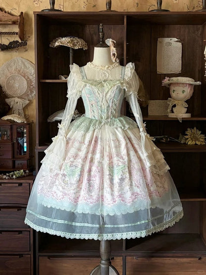 JSK Moth and with Green Pink Overlay Print Floral Dress Lolita Elegant