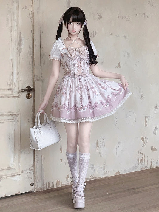 Floral Square Neck Short Sleeve Dress with Lace & Bow Details - Ekomi
