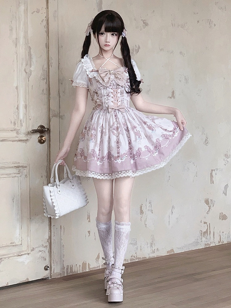 Ryousangata Floral Wall Print Pink Square Neck Short Sleeve Dress with Lace and Bow Details - Ekomi