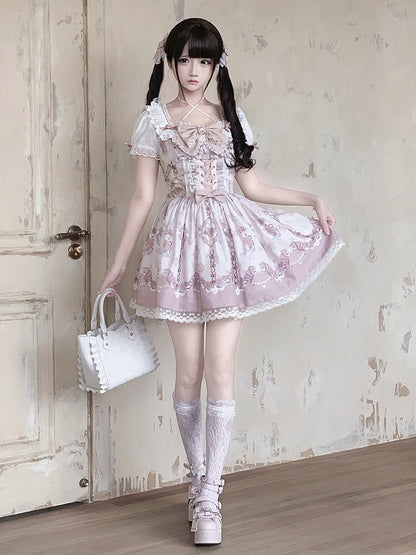 Ryousangata Floral Wall Print Pink Square Neck Short Sleeve Dress with Lace and Bow Details - Ekomi