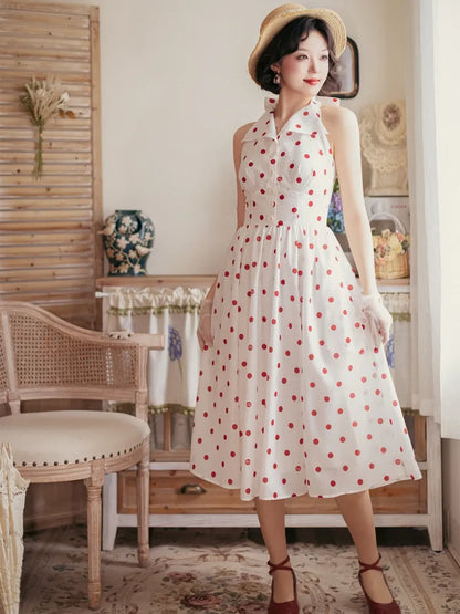 Muster Polka Kleid Punkte Schleife Halfter Big Fashion Retro Print Rückenfrei Rücken Hals