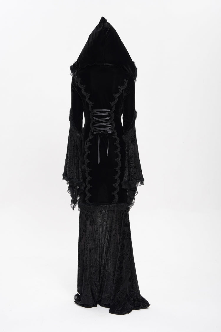 Black Long Trumpet Sleeve Hooded Mesh Gothic Dress Embroidery