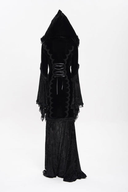 Black Long Trumpet Sleeve Hooded Mesh Gothic Dress Embroidery
