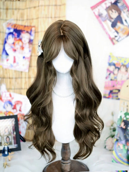 Gray Brown 70cm Wavy Curly Wig Curtain Bangs - Dalao Home