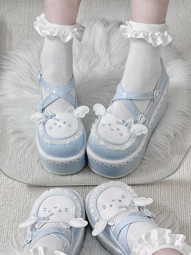 Tenshi Kaiwai Blue Round Toe Kitty Angel Heart Buckle Platform Lolita Shoes