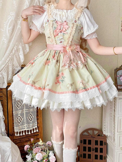 Kurzer Lolita-Print, Taille, Sommerrock, Kleid, hoher Rosettenpullover