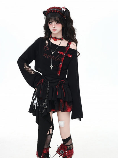 Cami Kleid Rock Rot und Schwarz Plaid Kordelzug Taille Taschentuch Saum Stufen