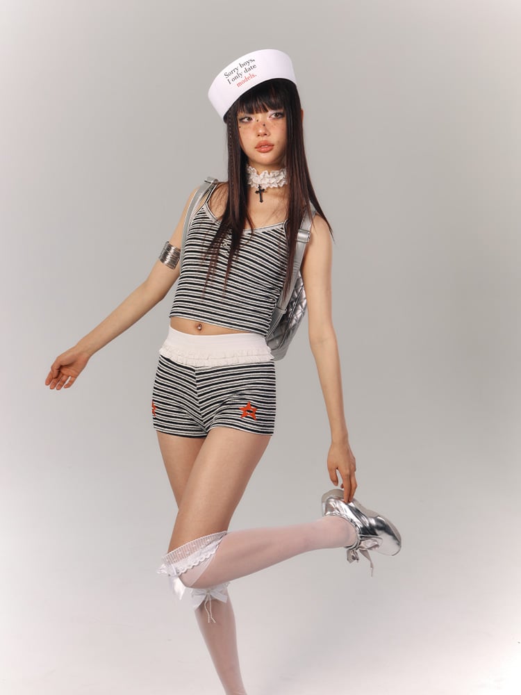 Slip Crop White Black Striped with Button-Front Top