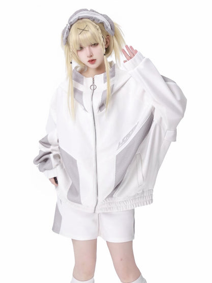 Weißer und grauer Mesh-Kapuzenpullover mit Reißverschluss Jirai Kei Sweatshirt