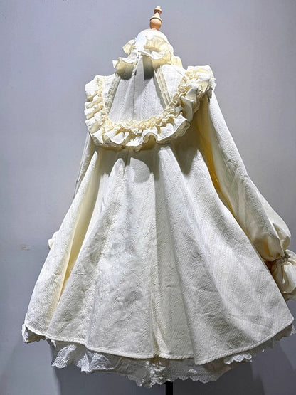 Hohes Kleid mit Schleife und Rüschenärmeln, großer, langer, beigefarbener süßer Lolita-Ausschnitt aus Baumwolle