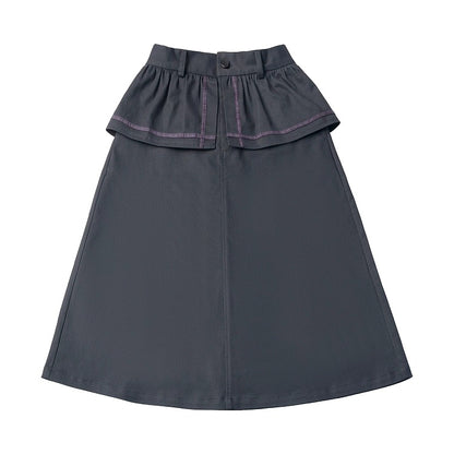 Dark Gray Long Skirt with Faux Layered Two-Piece Design - PINK SAVIOR