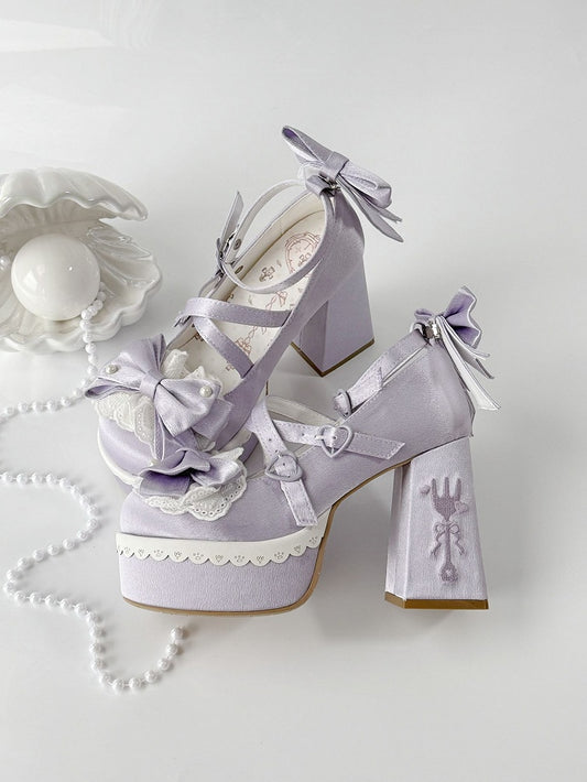 Purple Lolita Lace Bowknot Buckle Straps Fork Platform Block High Heels