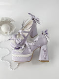 Heels Embroidery Lace Bowknot Block Purple High Platform Buckle Straps Fork Lolita