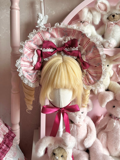 Pink Blue Cherry Print Sweet Lolita Bonnet with Lace - Strawberry Fantasy