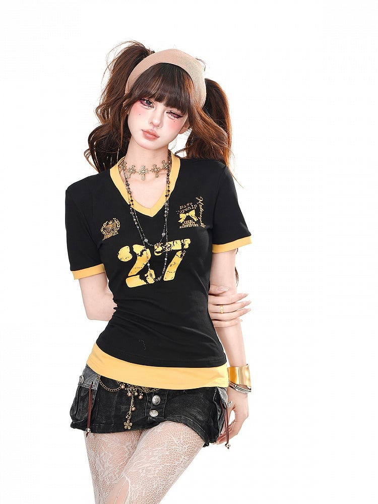 Print V-Neck Number Black Bow Slim Core T-Shirt Blokette with