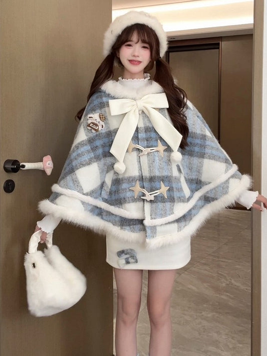Blue Fur White Faux Large Trim with Plaid Bow Sweet Cape Lolita