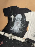Cartoon Black Cotton Slim-fitting Girl Design Print T-shirt Crewneck with