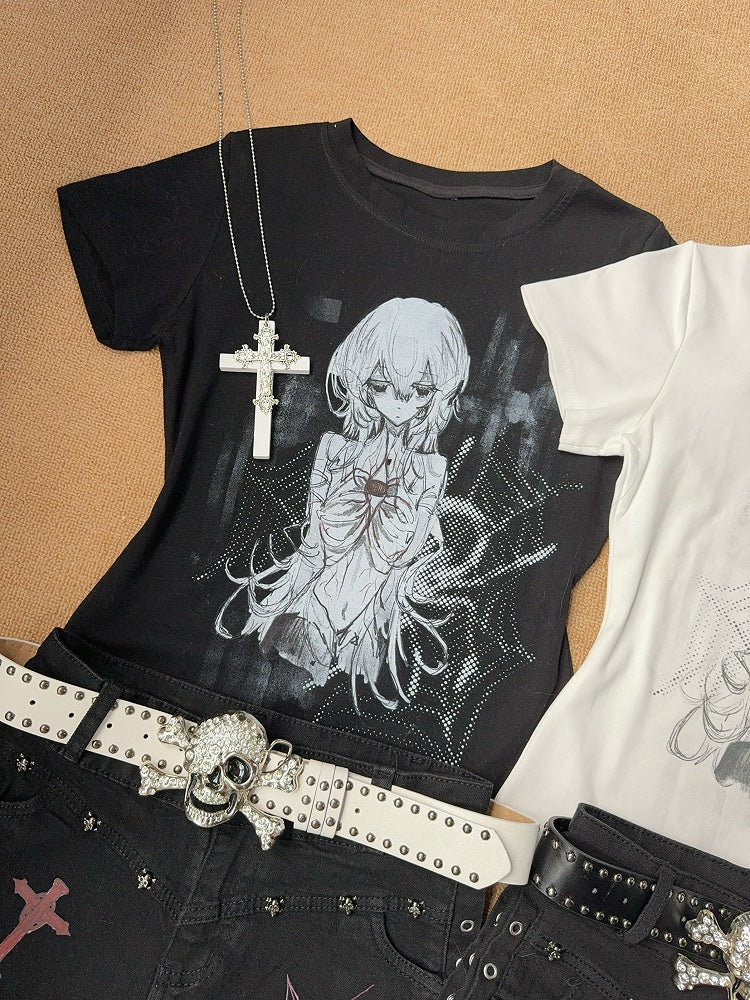 Cartoon Black Cotton Slim-fitting Girl Design Print T-shirt Crewneck with