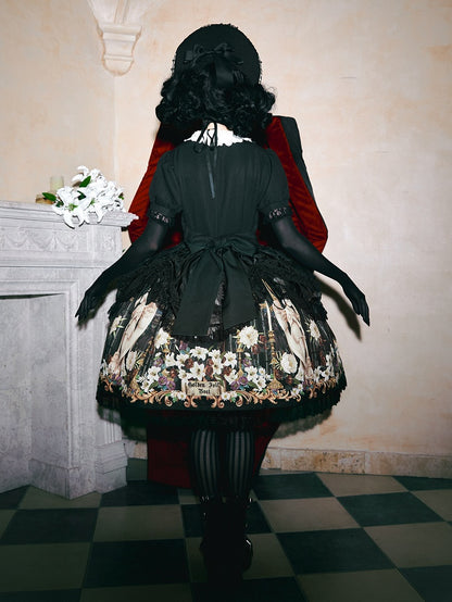Lily and Puppet Doll Print Black Dark Gothic Lolita Short Sleeves Dress