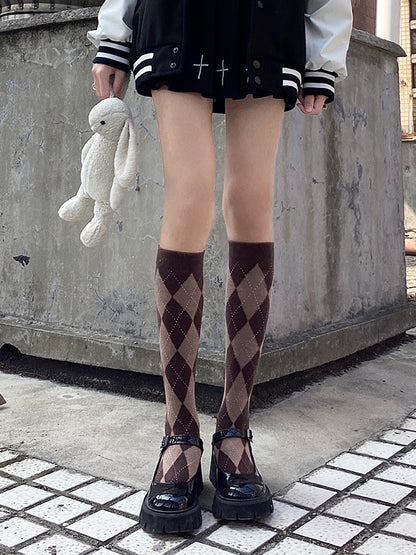 3 Colors Plaid JK Diamond Pattern Socks Calf