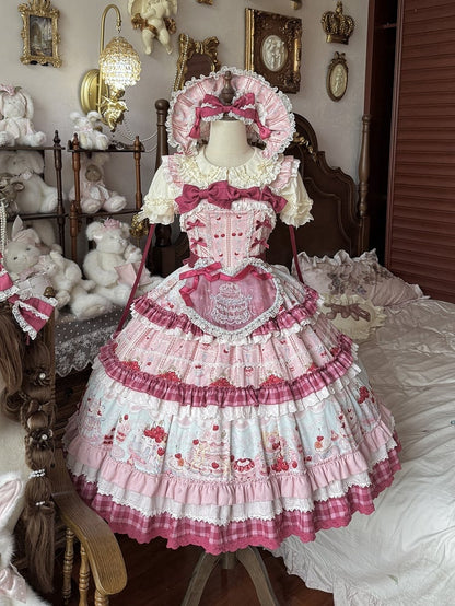 Pink Cherry Cake Print Sweet Lolita Dress with Layered Ruffles - Strawberry Fantasy