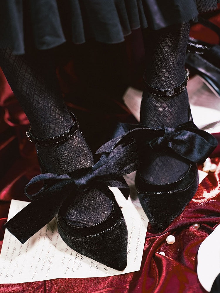 Shoes Black Bow Decor Toe Pointed Design High-heel Velvet Knotted