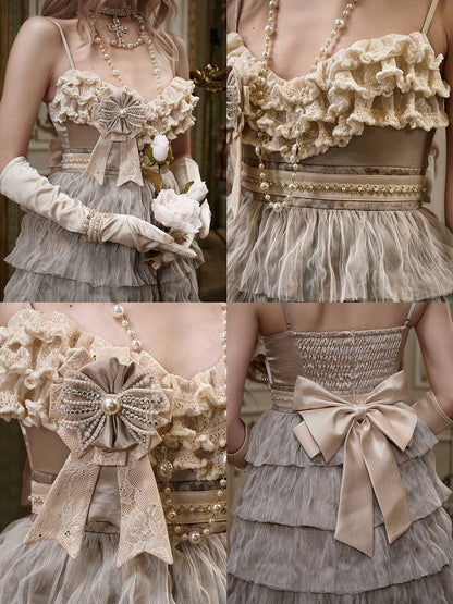 Hem High-Waist Dress Rosette Print Brown Leopard with Spaghetti Tiered and Light Retro Party