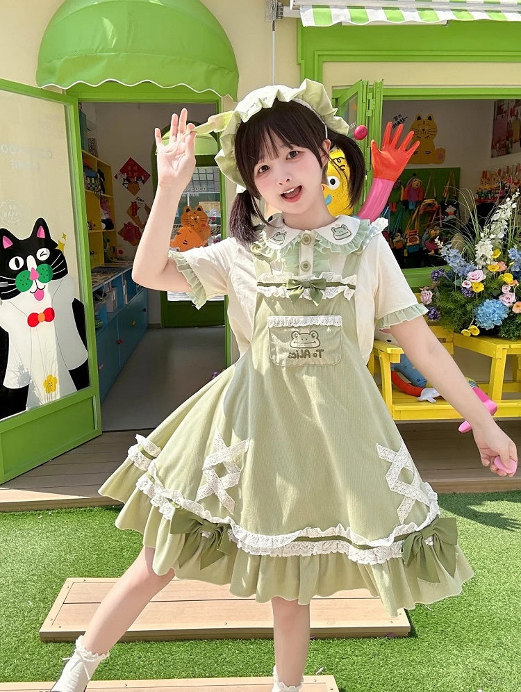Light Green Frog Embroidery Lace Trim Overalls