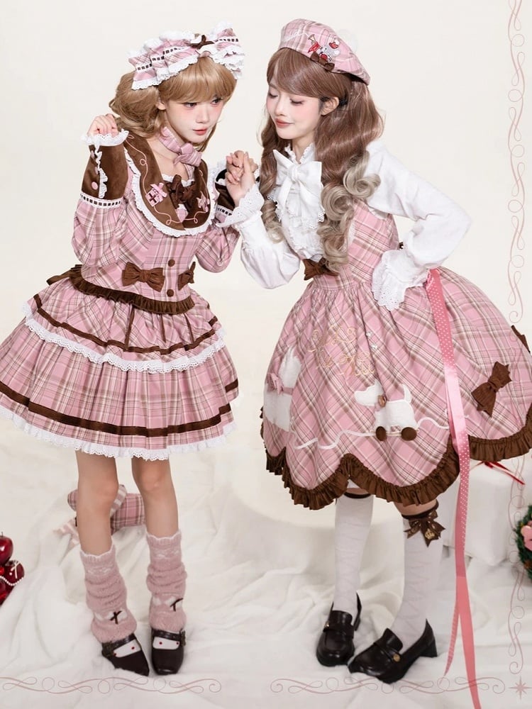 Short Jumper Skirt in Soft Pink Plaid with Lace-up Detail & Bowknot Brooch - iris de nuit