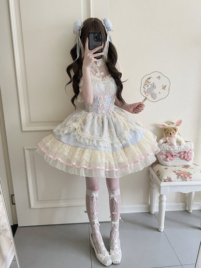 Chinoiserie Trim Dress Lolita Lace Blue Ballet-Inspired Frog Cute Button JSK
