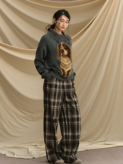 Vintage-Inspired Asymmetrical Neckline Sweater with Plush Sausage Dog Design Apricot/Dark Gray