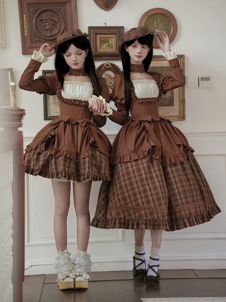 Ausschnitt Lollita Plaid Square Langes Kleid Elegante Kaffeeversion Klassisch